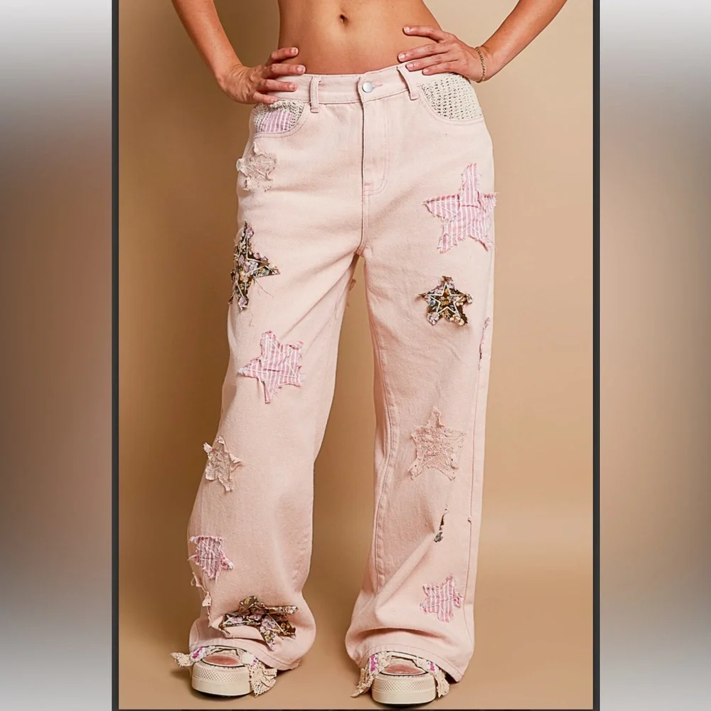POL Blush Pink Wide-Leg Star Appliqué Pants - Picture 1 of 8